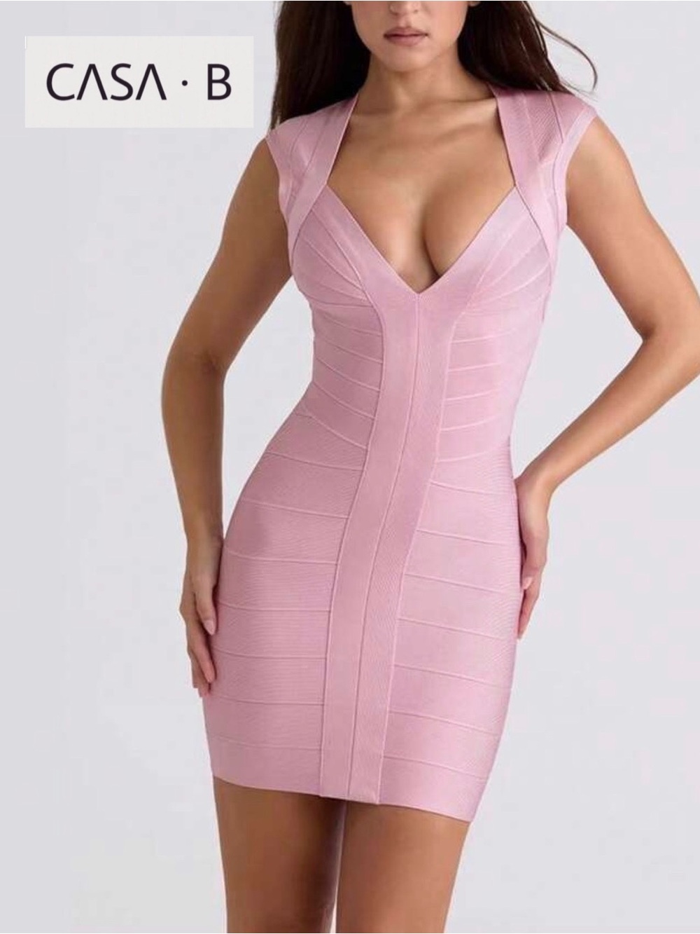 NEW CASA B | Belle Rose Pink Bandage Mini Dress | V- neck Bodycon Sculpting Midi